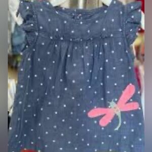 Carters Denim Blue Polka Dot Blouse‎ with Pink Butterfly Size 24M